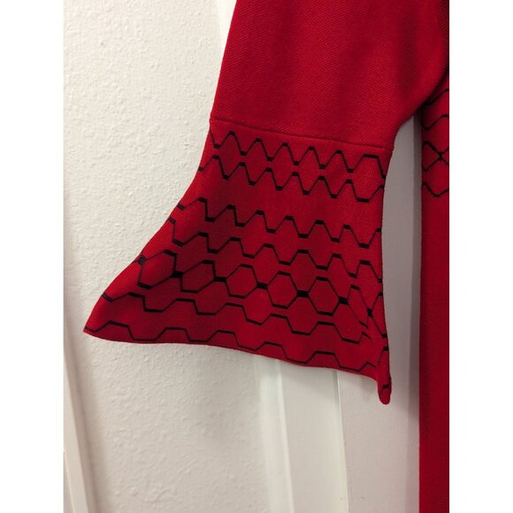 Red Bell Sleeve Knit Dress With Black Geometric Pattern By Nina Leonard  XL - Picture 2 of 8